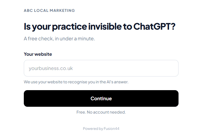 An agency-branded AI visibility check asking a prospect for their website, headlined "Is your practice invisible to ChatGPT?"
