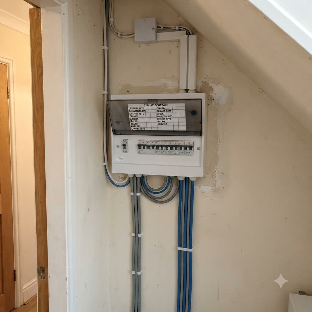 New consumer unit and rewiring completed in a loft space in Birmingham