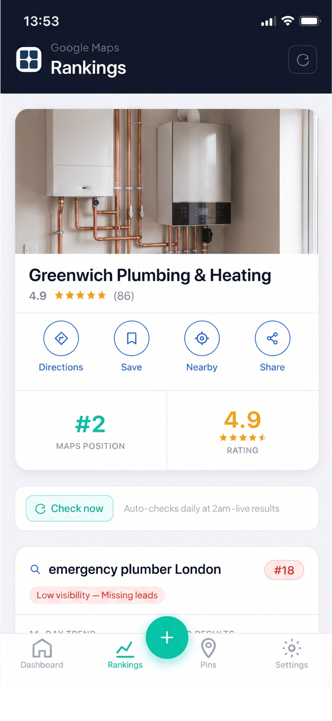 Google Maps ranking detail for a plumbing business